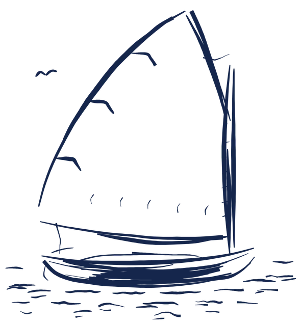 Pen sketch of a small sailing boat, a gull in the distance
